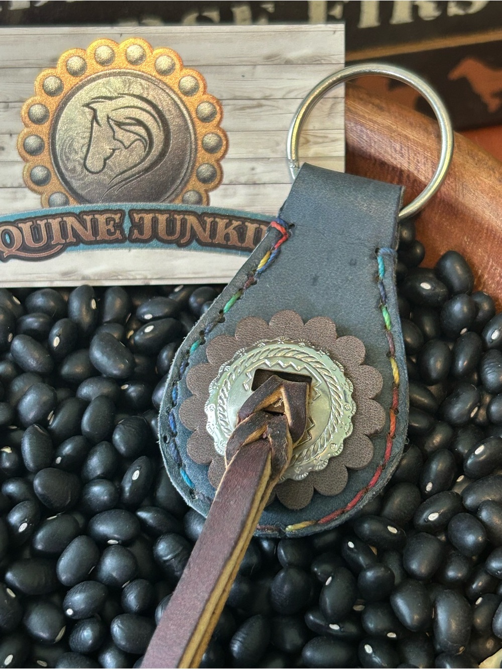 Navy Blue Leather Keychain with Multicolor Stitching
